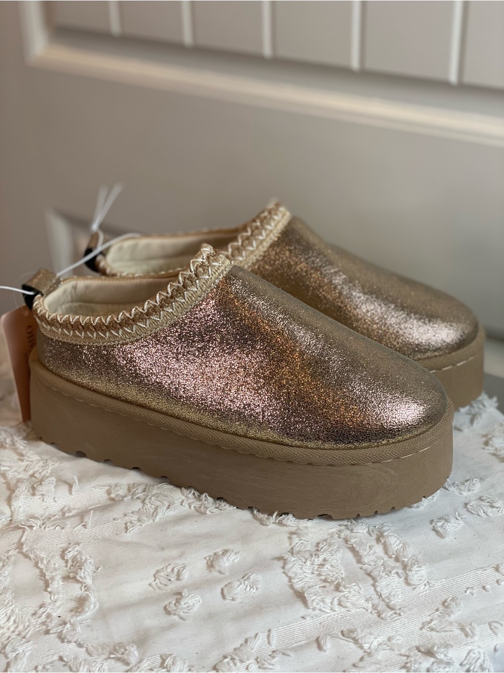 Metallic Glitter Platform Mules in Gold